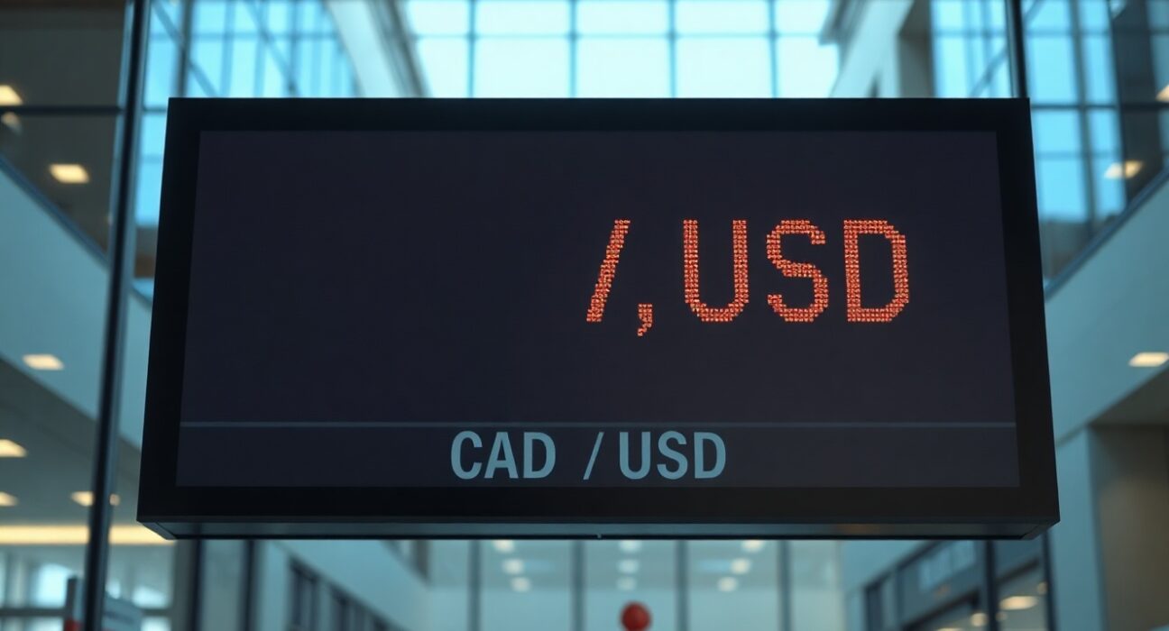 Currency exchange board showing CAD/USD rate in a financial district