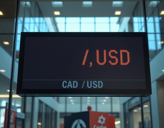 Currency exchange board showing CAD/USD rate in a financial district