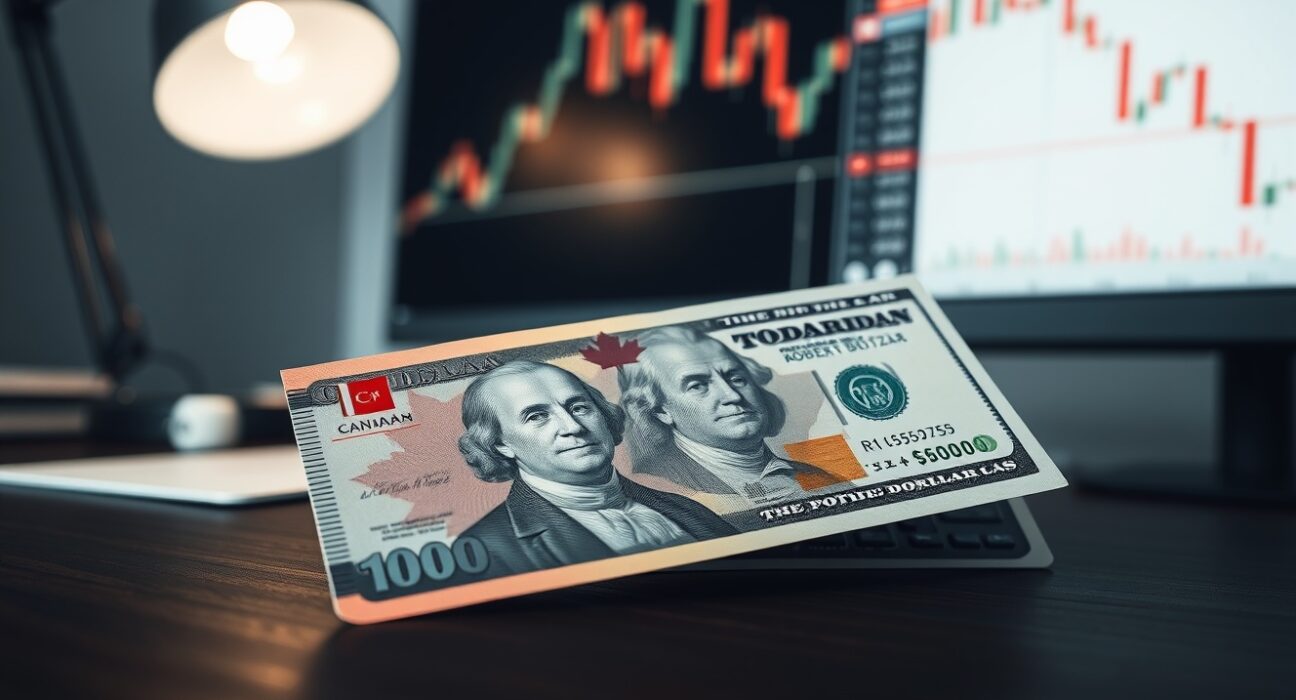 Canadian and US dollar banknotes on a desk with a financial chart in the background