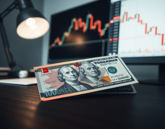 Canadian and US dollar banknotes on a desk with a financial chart in the background