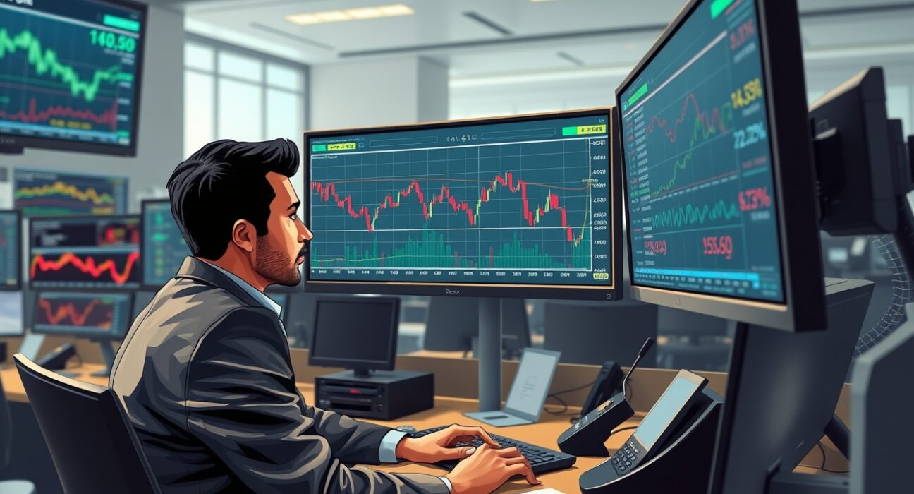 Trader analyzes falling Canadian Dollar and oil price charts on financial monitors.