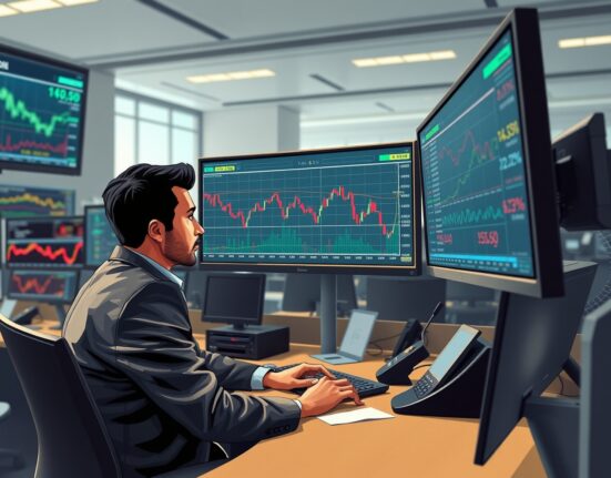 Trader analyzes falling Canadian Dollar and oil price charts on financial monitors.