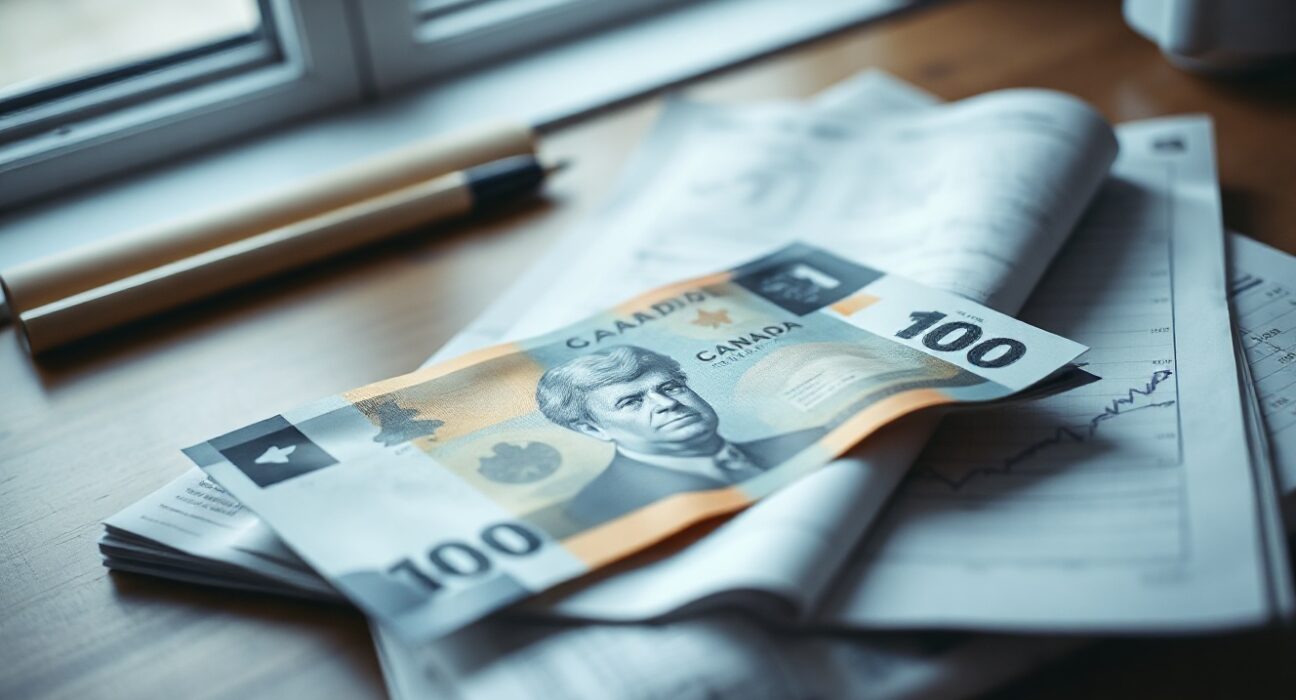 Canadian dollar banknote on financial chart showing declining CAD/USD trend