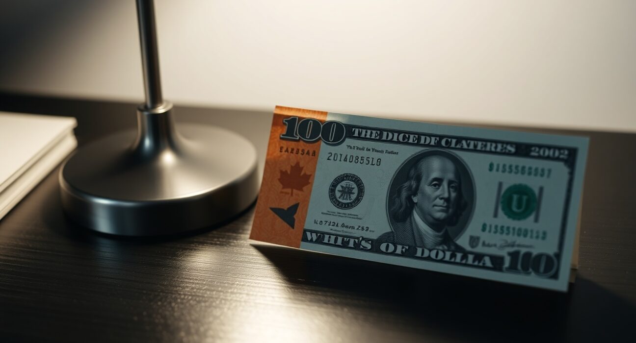 Canadian and US dollar banknotes on a desk representing forex market analysis.
