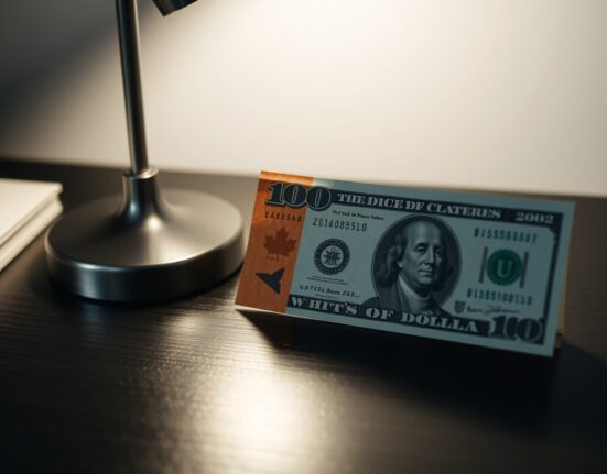 Canadian and US dollar banknotes on a desk representing forex market analysis.