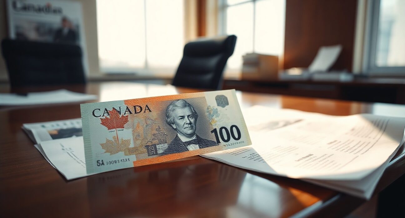 Canadian dollar banknote and financial newspaper with employment data on a desk