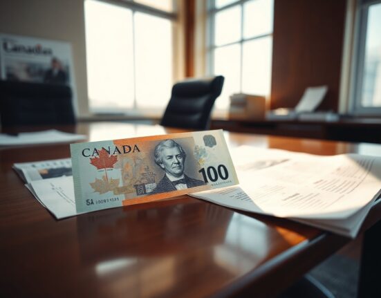 Canadian dollar banknote and financial newspaper with employment data on a desk