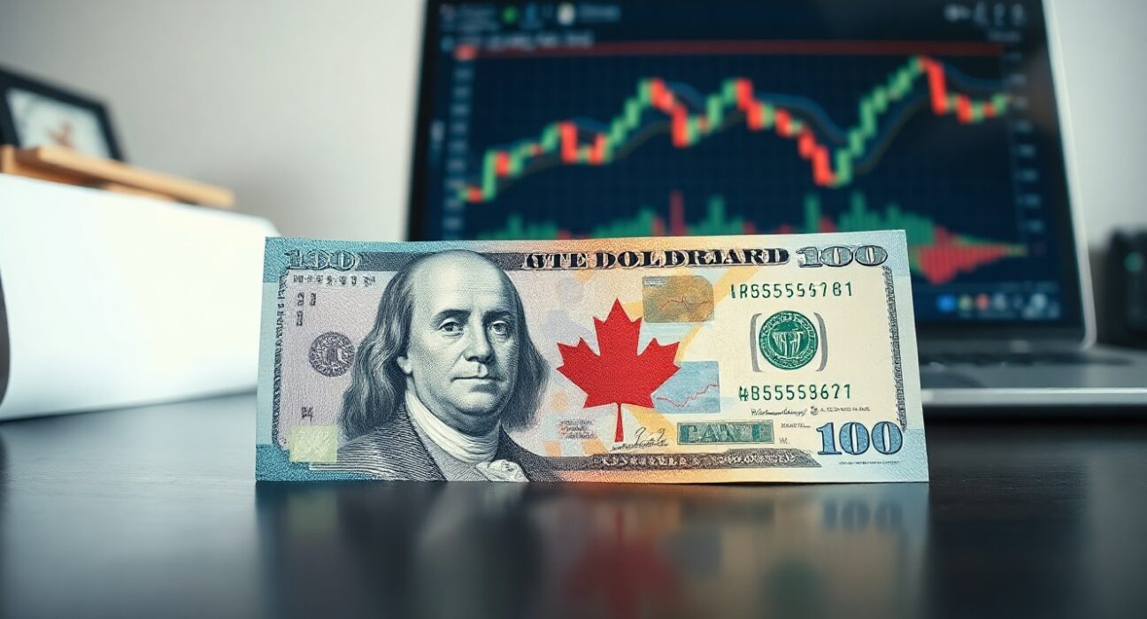 Canadian and US dollar banknotes on a desk with a forex trading chart on a laptop in the background.