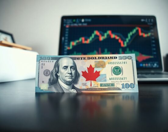 Canadian and US dollar banknotes on a desk with a forex trading chart on a laptop in the background.