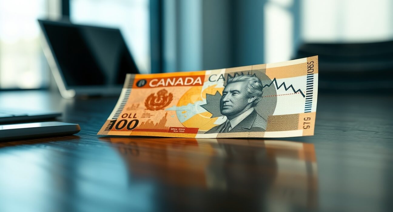 Canadian dollar banknote and financial chart reflecting softer CPI data and reduced rate hike odds.