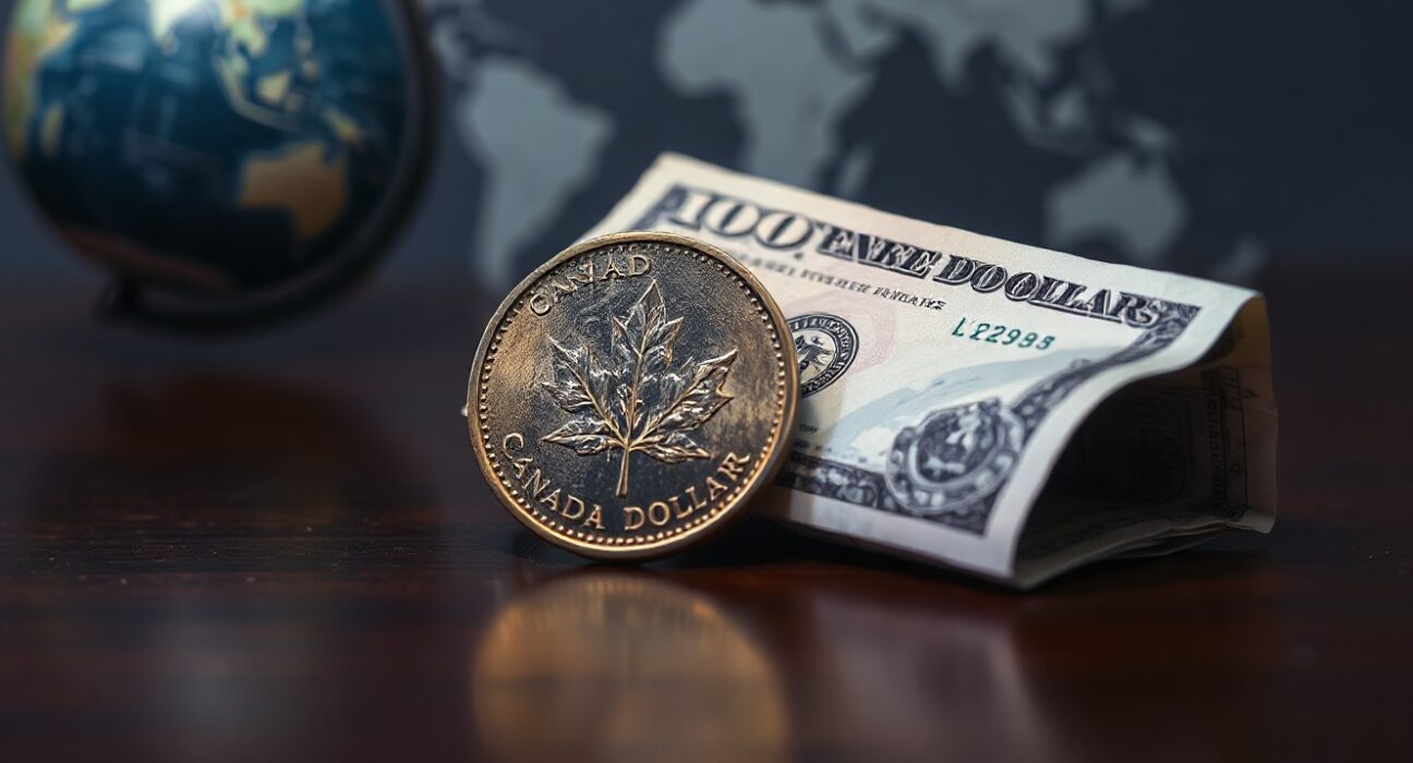 Canadian loonie and US dollar bill on a dark surface, representing forex market dynamics.