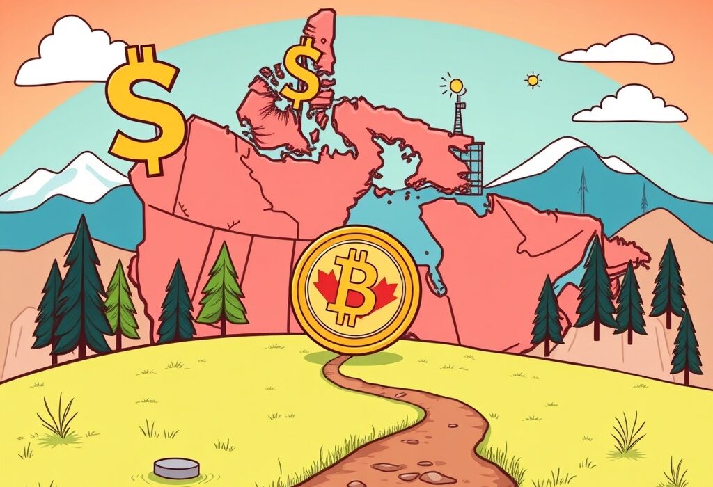 A cartoon illustration showing a Canadian dollar stablecoin concept, symbolizing digital finance innovation in Canada.