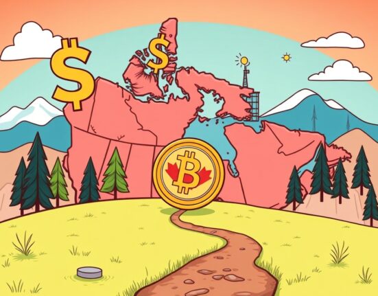 A cartoon illustration showing a Canadian dollar stablecoin concept, symbolizing digital finance innovation in Canada.