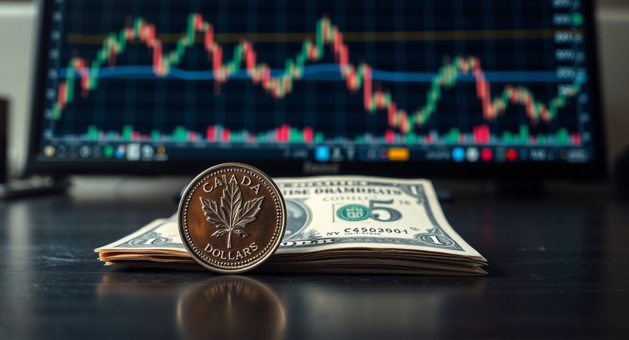 Canadian loonie coin and US dollar bill on desk representing forex market analysis