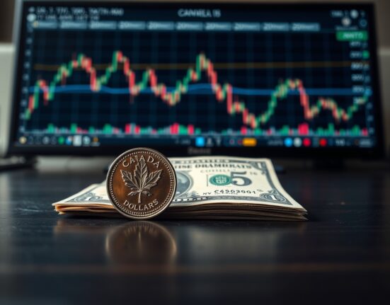 Canadian loonie coin and US dollar bill on desk representing forex market analysis