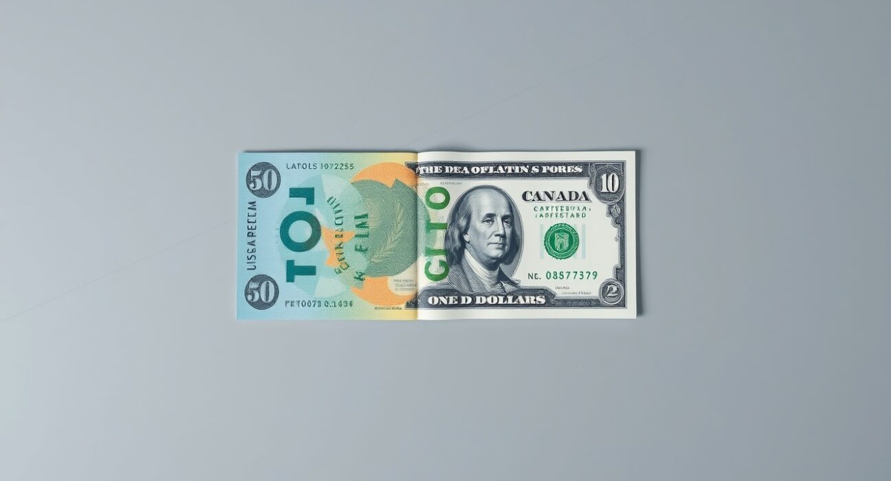 Canadian and US dollar banknotes on a surface with a blurred financial chart background