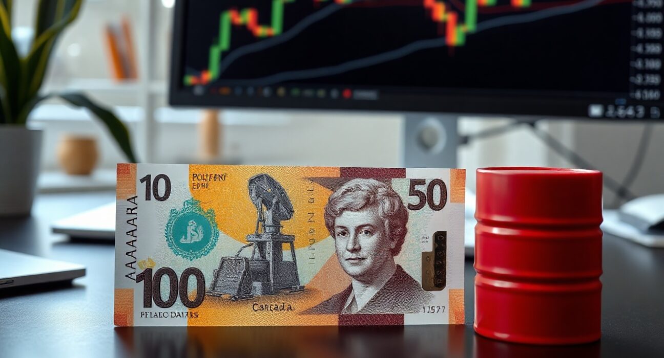 Canadian dollar banknote and oil barrel with chart in background