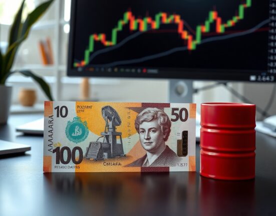 Canadian dollar banknote and oil barrel with chart in background