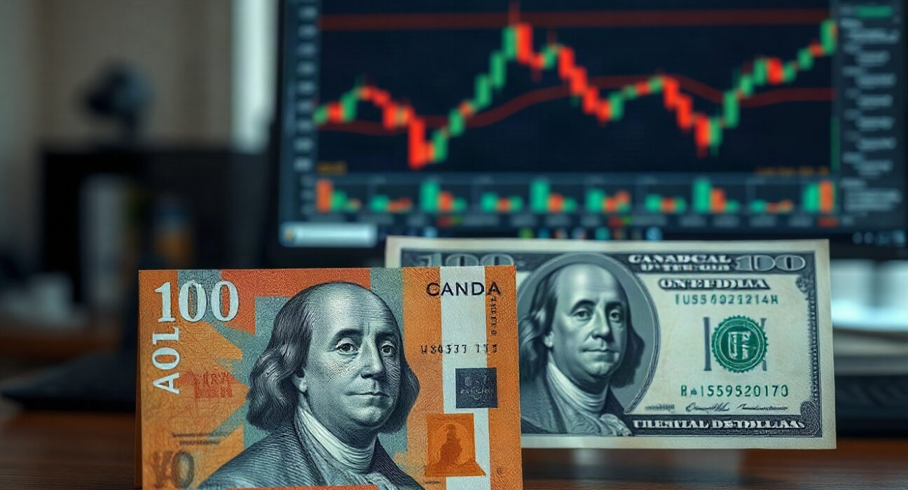 Canadian and US dollar banknotes on a desk with a forex chart in the background