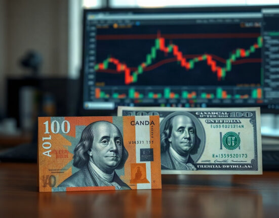 Canadian and US dollar banknotes on a desk with a forex chart in the background