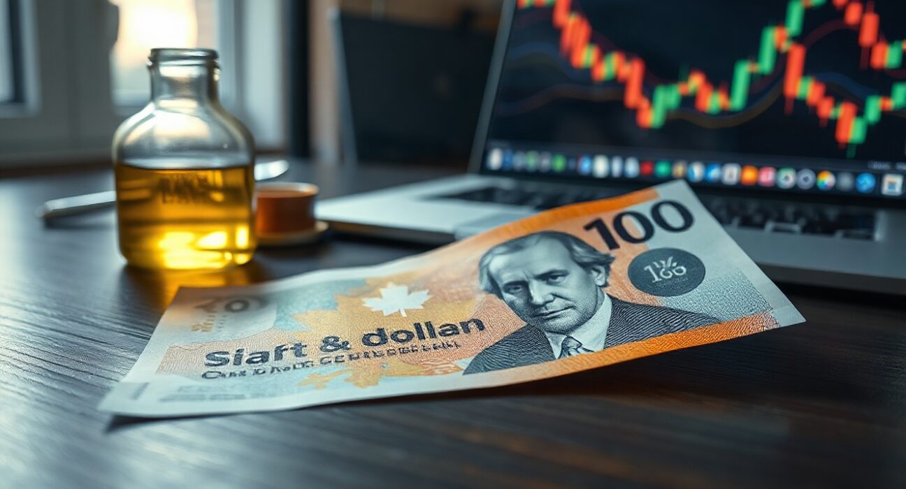 Canadian dollar banknote with oil and chart in background