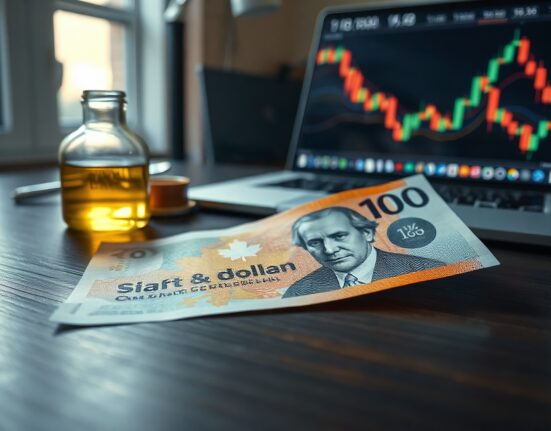 Canadian dollar banknote with oil and chart in background