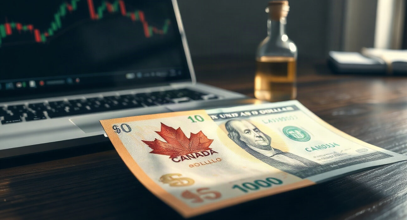 Canadian and US dollar banknotes with oil vial and trading chart on desk