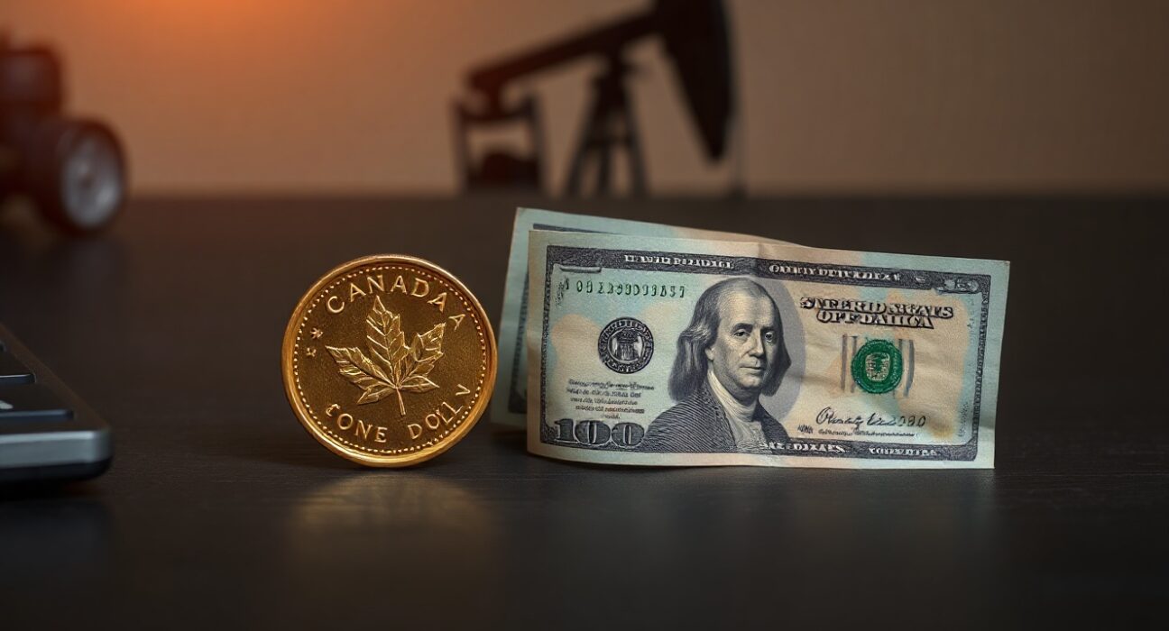 Canadian dollar coins and US dollar bills on a desk, with an oil derrick in the background, representing currency and oil market dynamics.