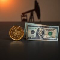 Canadian dollar coins and US dollar bills on a desk, with an oil derrick in the background, representing currency and oil market dynamics.