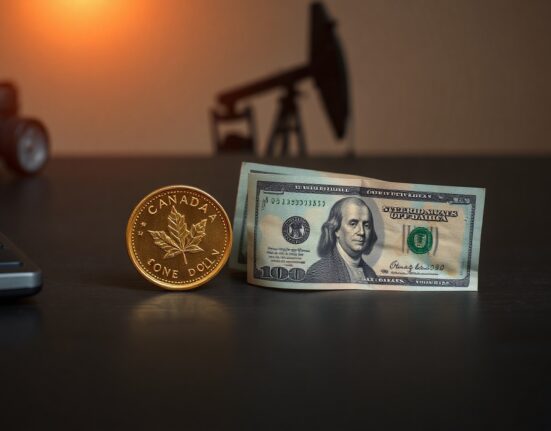 Canadian dollar coins and US dollar bills on a desk, with an oil derrick in the background, representing currency and oil market dynamics.
