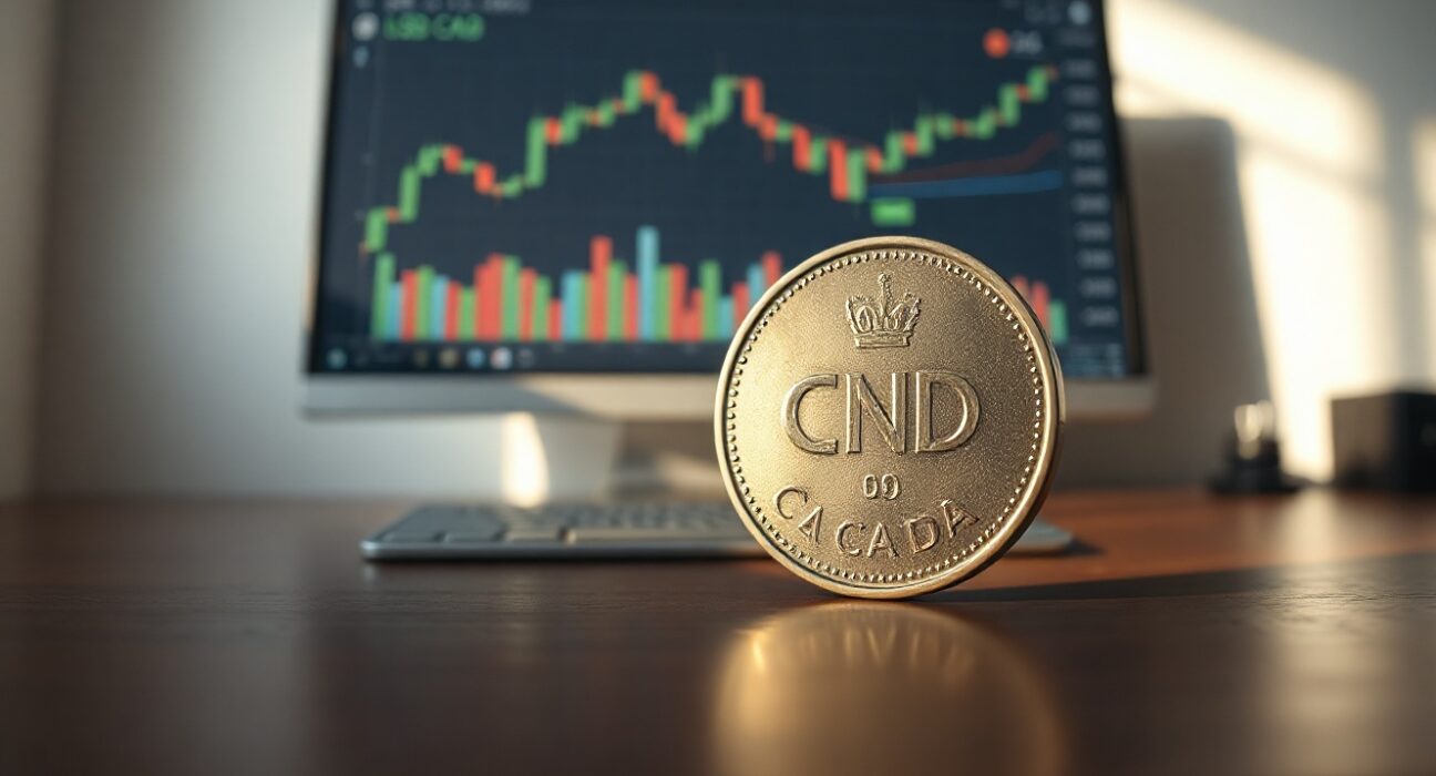 Canadian dollar coin in focus with a blurred trading chart in background