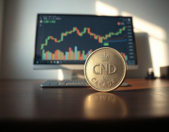 Canadian dollar coin in focus with a blurred trading chart in background