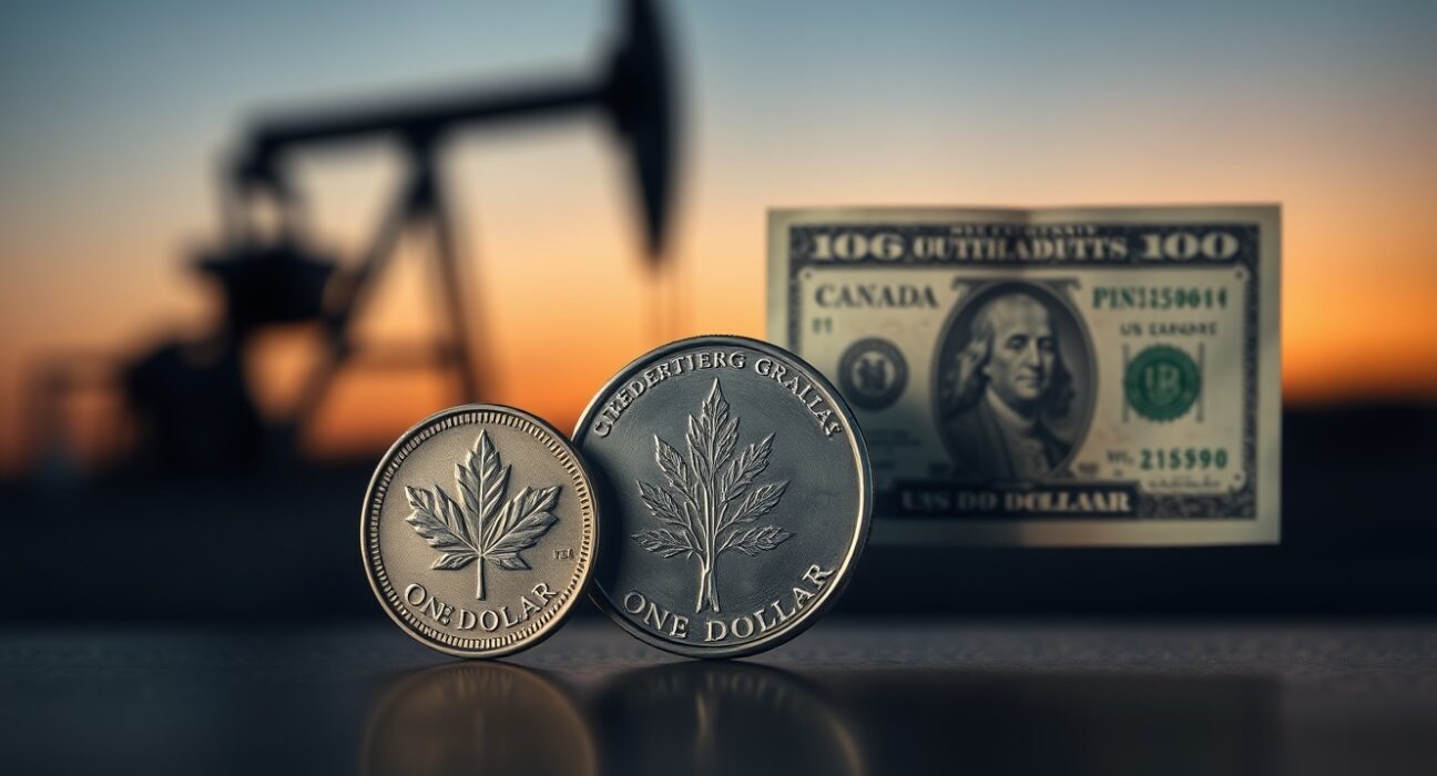 Canadian loonie coin and US dollar bill on reflective surface with oil pumpjack in background