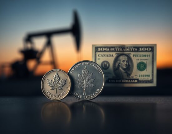 Canadian loonie coin and US dollar bill on reflective surface with oil pumpjack in background