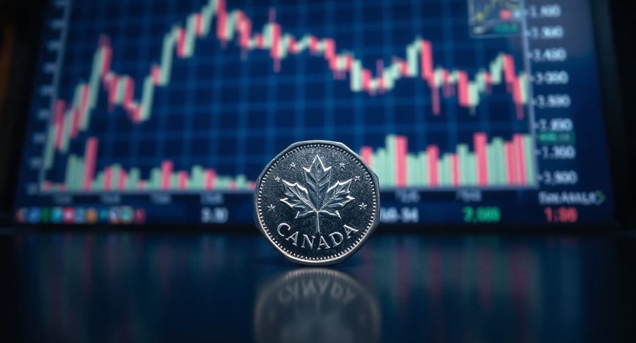 Canadian dollar coin on a reflective surface with blurred market charts in background