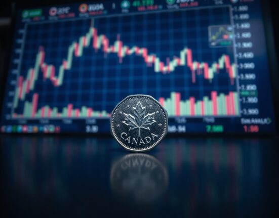 Canadian dollar coin on a reflective surface with blurred market charts in background
