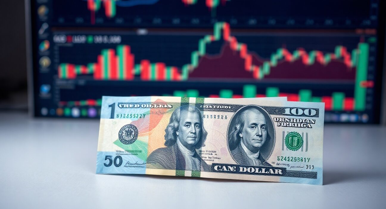 Canadian and US dollar banknotes side by side on a neutral background, representing USD/CAD exchange rate focus.