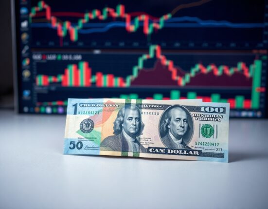 Canadian and US dollar banknotes side by side on a neutral background, representing USD/CAD exchange rate focus.