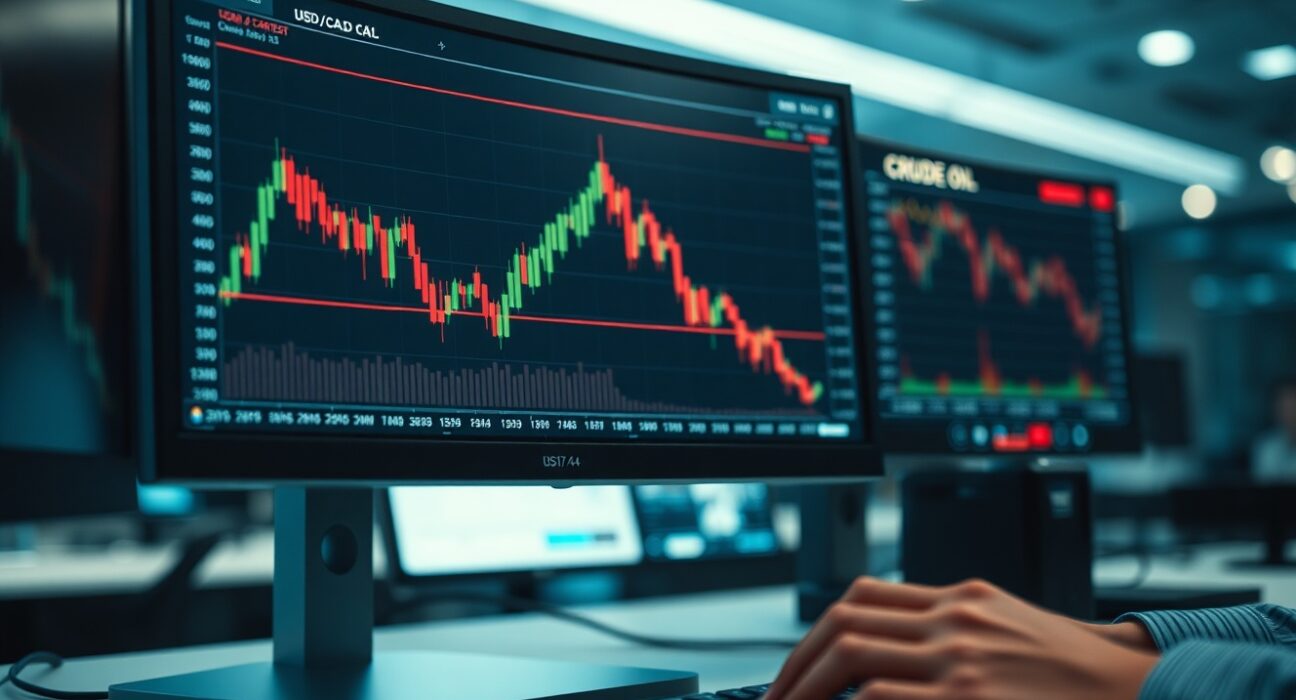 Financial trading monitor displaying USD/CAD and crude oil price charts