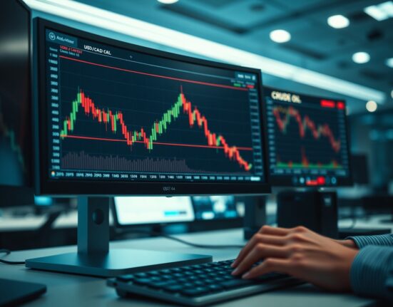 Financial trading monitor displaying USD/CAD and crude oil price charts