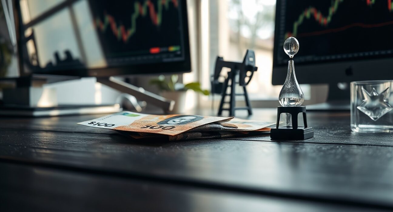 Canadian dollar banknote and oil derrick model on desk, representing currency and oil price relationship