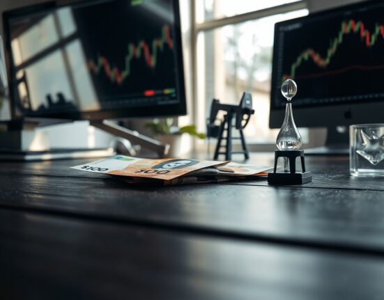 Canadian dollar banknote and oil derrick model on desk, representing currency and oil price relationship