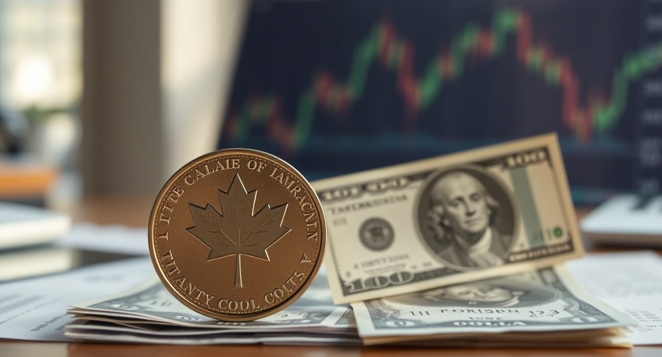 Canadian dollar coin and US dollar bills on a desk with a stock chart in the background