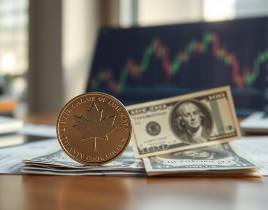Canadian dollar coin and US dollar bills on a desk with a stock chart in the background