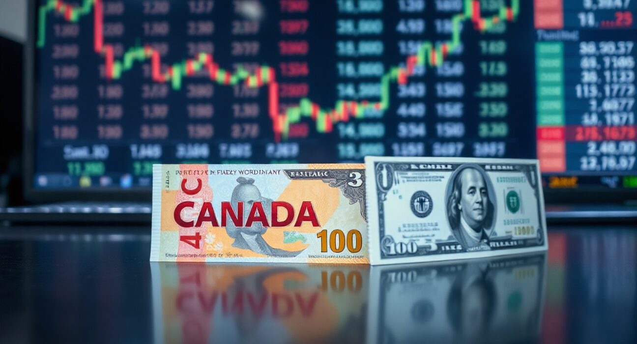 Canadian and U.S. dollar banknotes on a desk with a blurred financial ticker in background