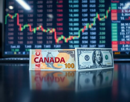 Canadian and U.S. dollar banknotes on a desk with a blurred financial ticker in background