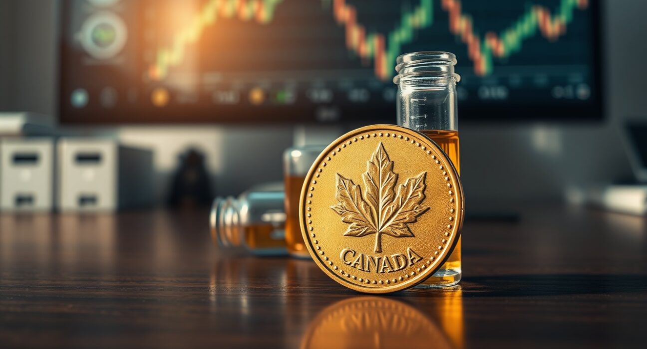 Canadian dollar coin and crude oil vial representing the CAD's link to commodity prices.