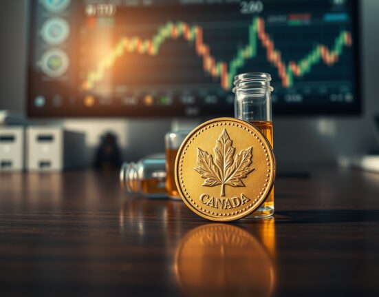 Canadian dollar coin and crude oil vial representing the CAD's link to commodity prices.