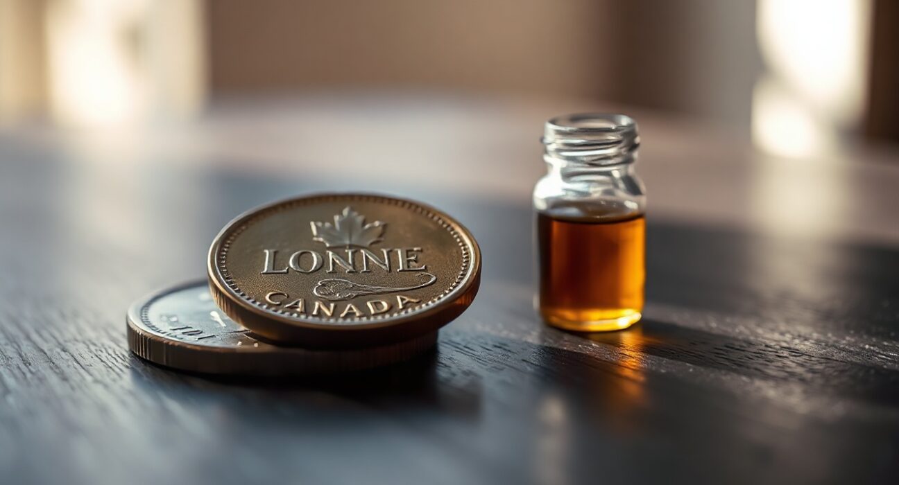 Canadian dollar coin and crude oil vial on wooden surface