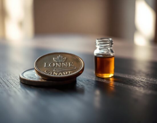 Canadian dollar coin and crude oil vial on wooden surface